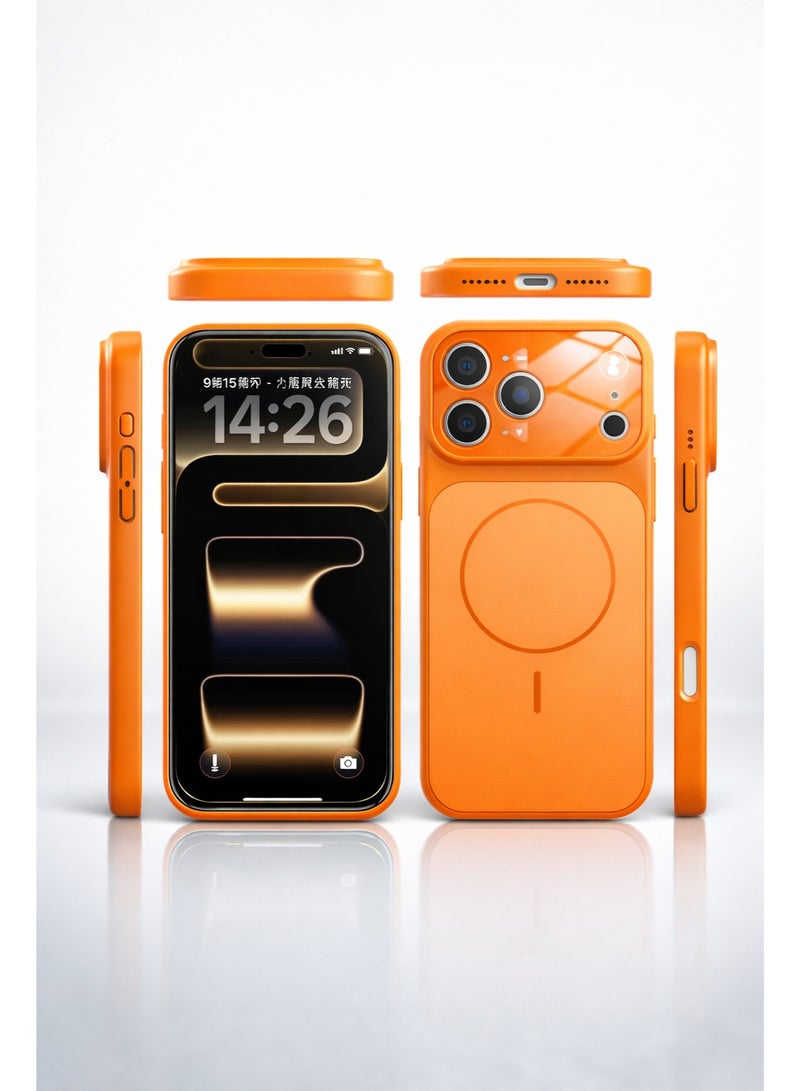 جراب MagSafe برتقالي اللون لهاتف iPhone 17 Pro Max، غطاء خلفي للهاتف، حلقة مغناطيسية قوية (2000Gs)، ظهر زجاجي مقوى غير لامع مقاوم للخدش، حماية كاملة لعدسة الكاميرا، طلاء مقاوم للخدش وبصمات الأصابع، غطاء نحيف صلب من البولي كربونات مقاوم للصدمات - Image 2